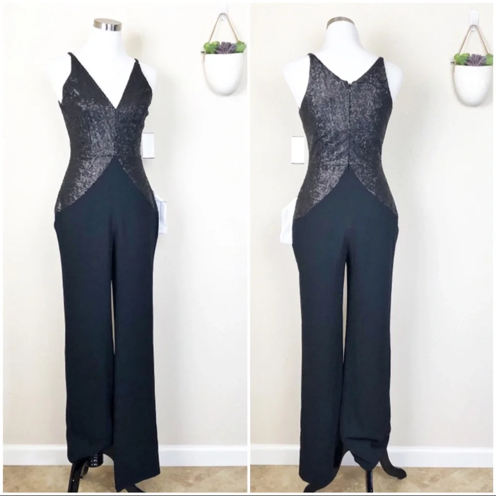 •DRESS the POPULATION• Black Joey Sequin Jumpsuit 70’s inspired - Picture 2 of 8